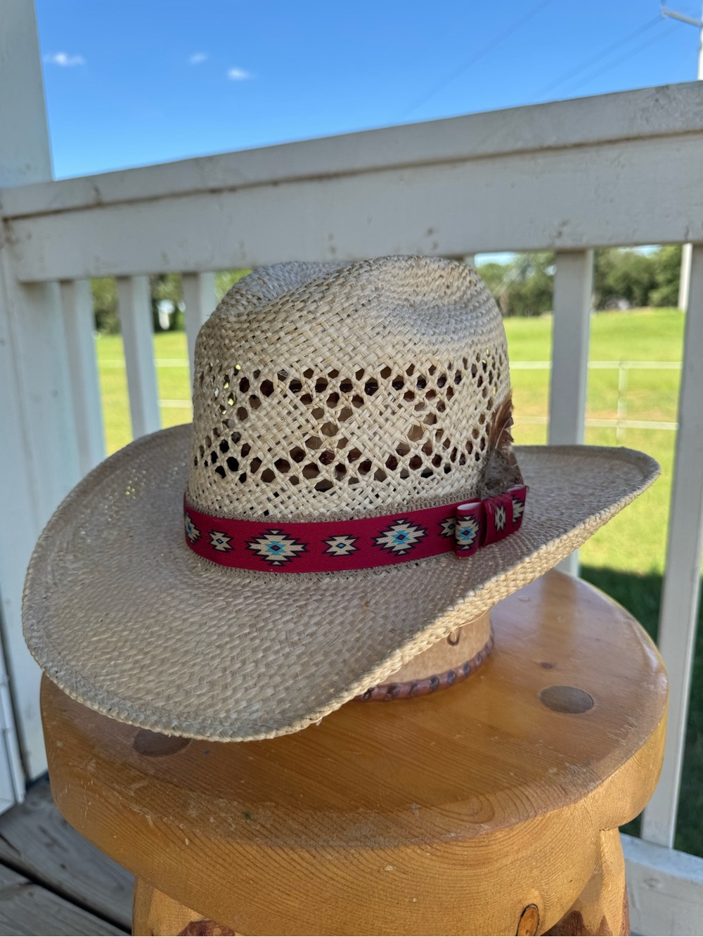 American Straw Cowboy Hat with Red Aztec Band